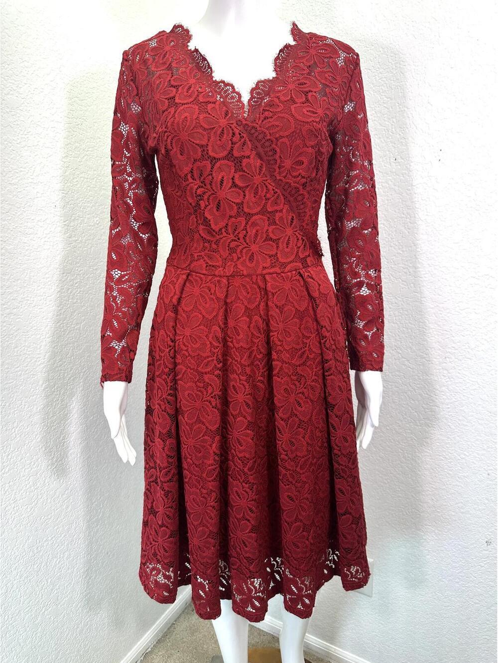 Women’s S MissMay Red Lace Midi Dress Romantic Valentine Fit & Flare V-neck